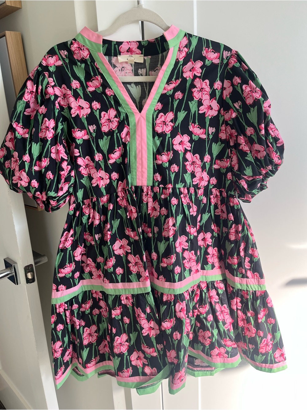 entro Black Floral Mini Dress with Pink and Green Trim